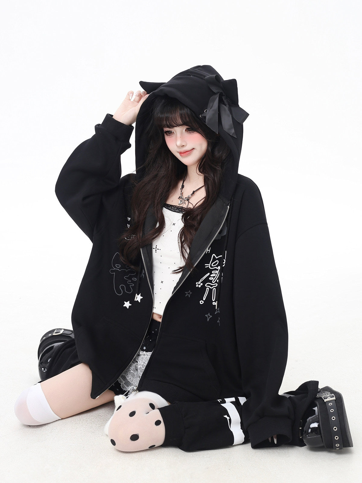 Cat Ear Bow Graphic Zip Hoodie