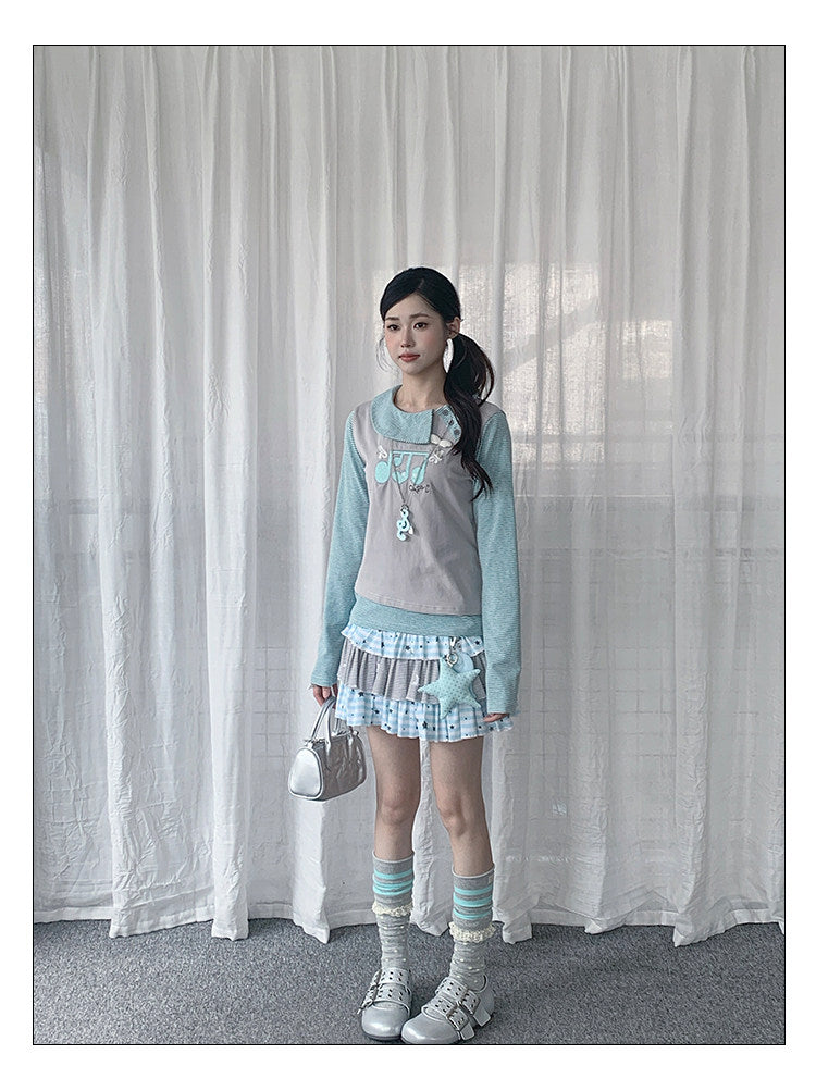 Soft Blue Star Stripe Tiered Ruffle Mini Skirt