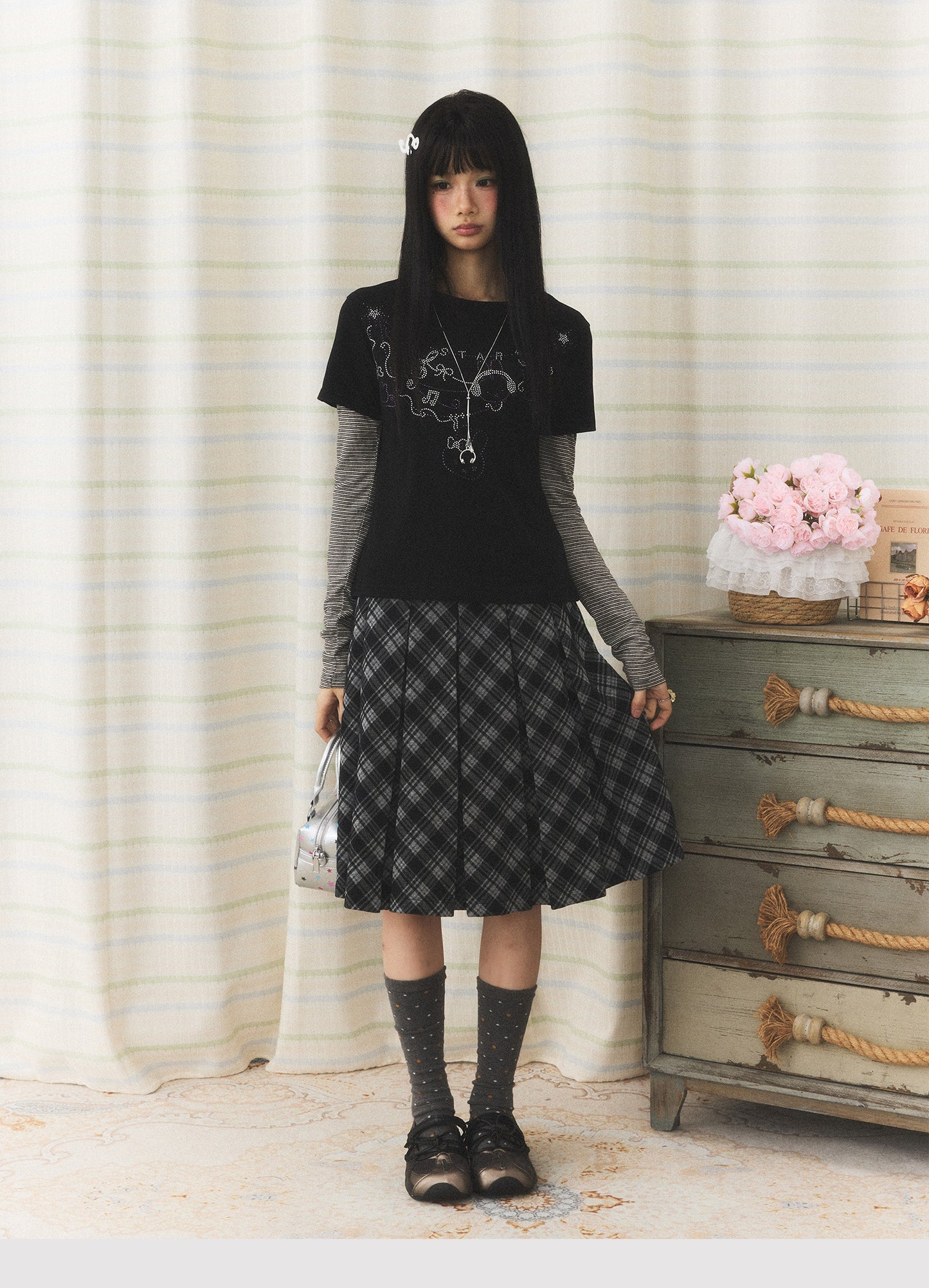 Rhinestone Melody Faux-Layer Stripe Long-Sleeve Tee