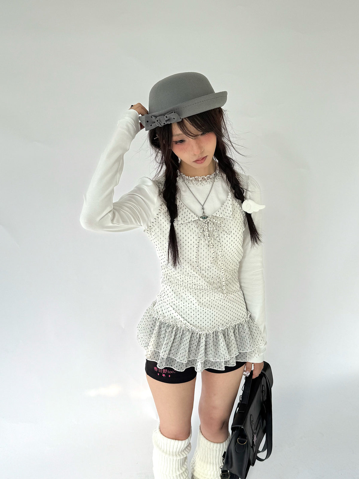 Polka Dot Mesh Ruffle Faux-Layered Long Sleeve Top