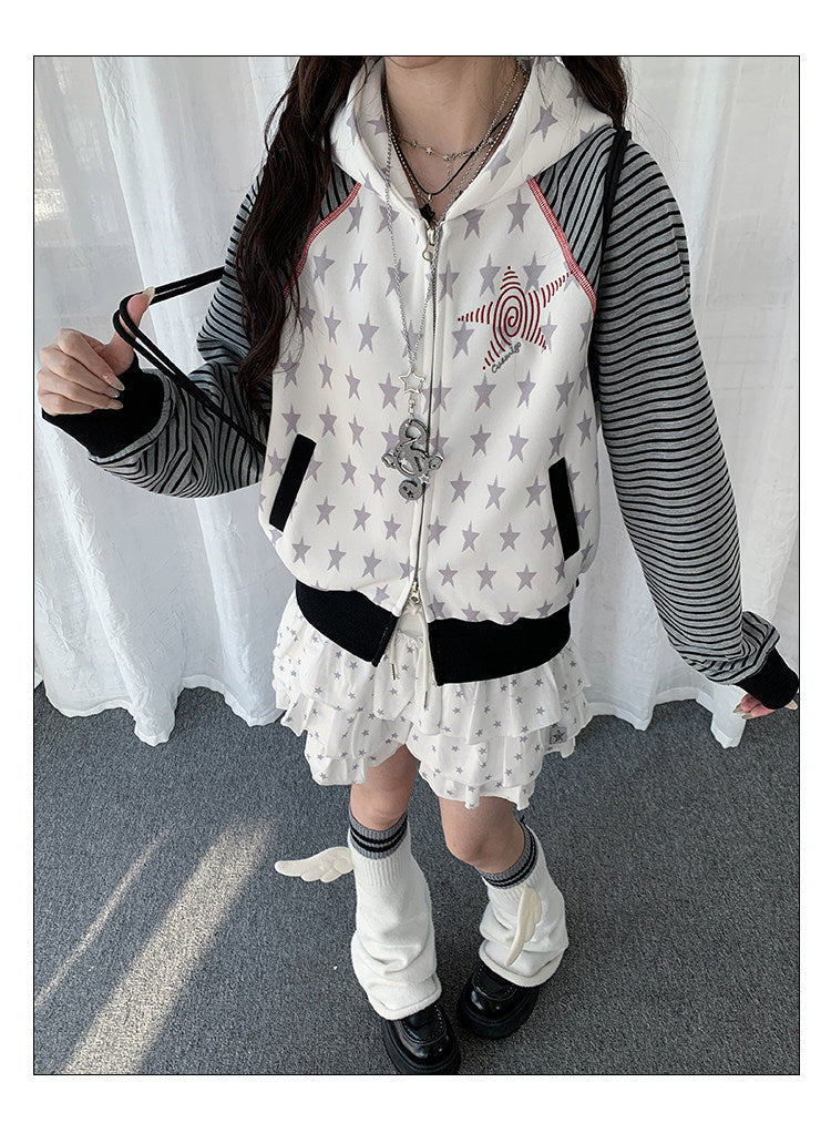 Star & Stripe Patchwork Zip-Up Hoodie