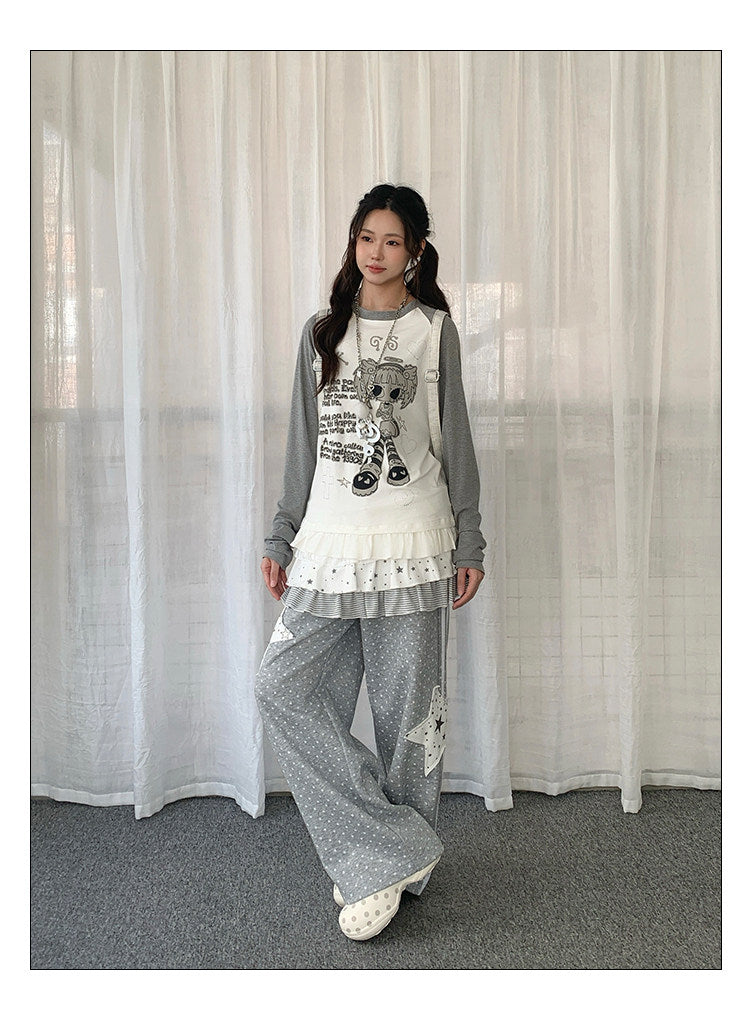 Angel Girl Graphic Raglan Ruffle Long Sleeve Top