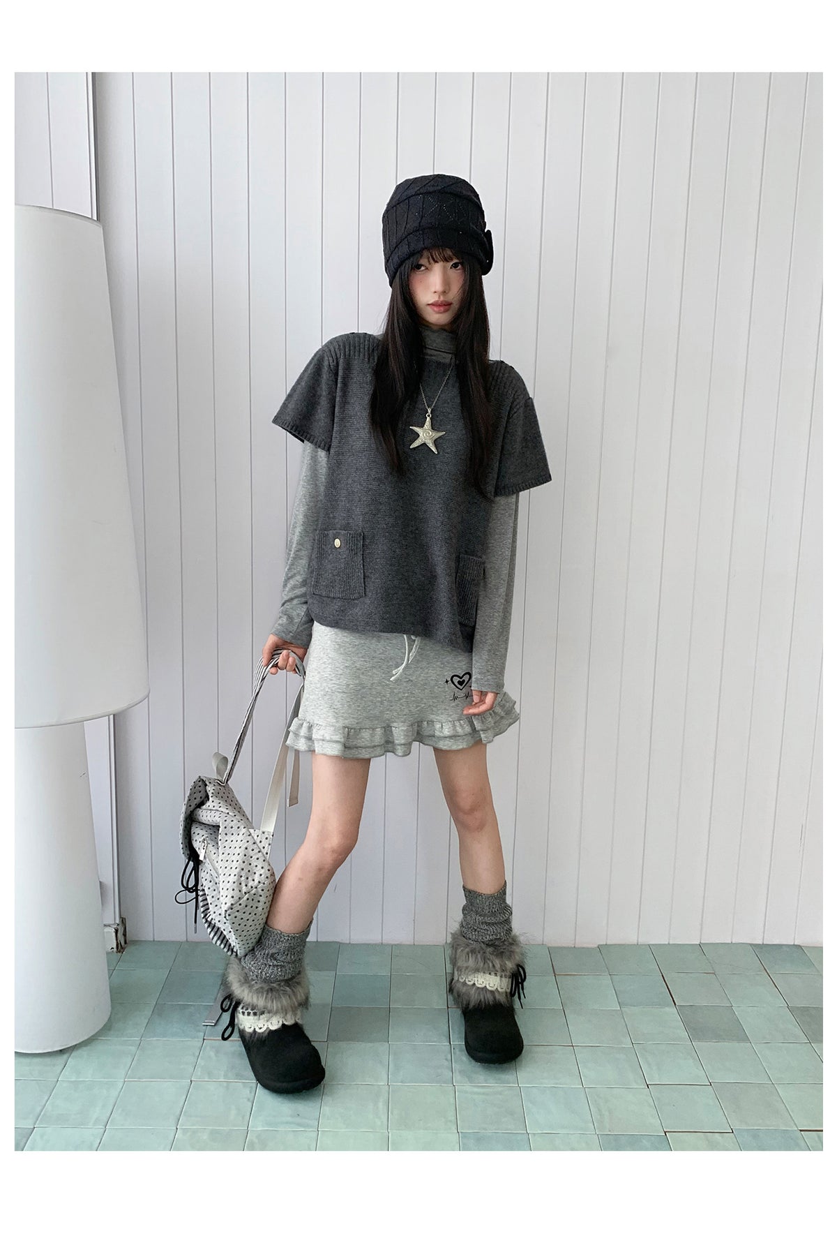 Heart Pulse Drawstring Ruffle Mini Skirt