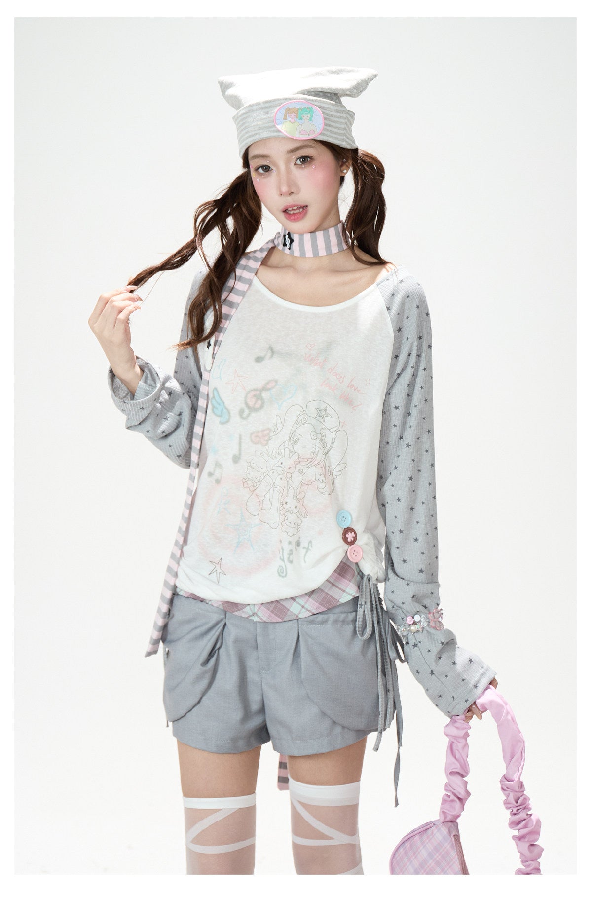 Dreamy Star Raglan Long Sleeve Top & Gray Striped Star Flare Pants