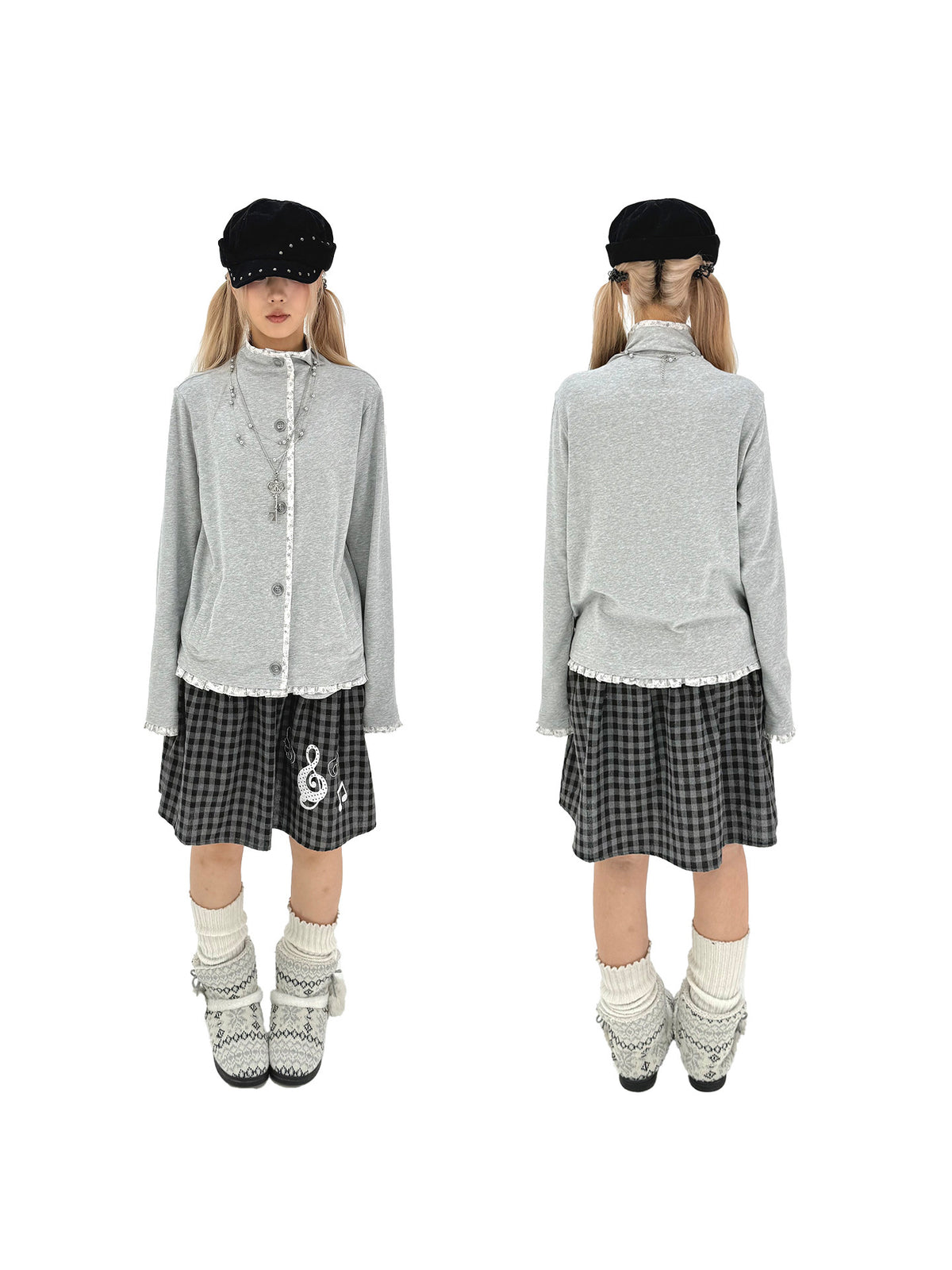 Floral-Trim Stand Collar Button Cardigan