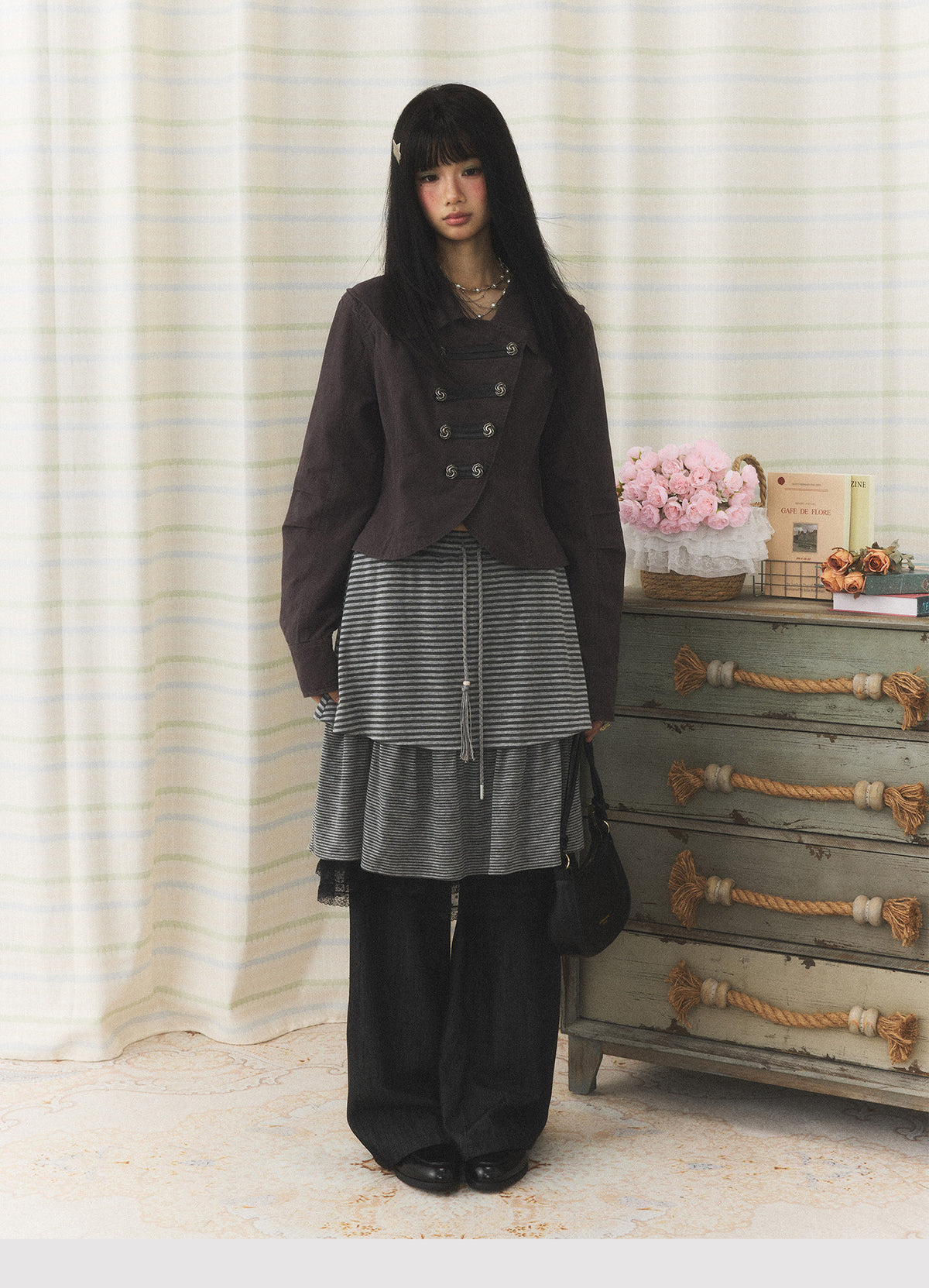 Striped Layered Skirt Wide-Leg Pants