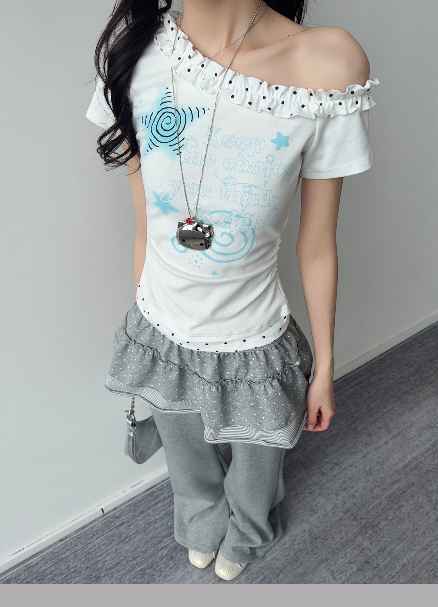 Blue Star Polka Dot Ruffle One-Shoulder Tee