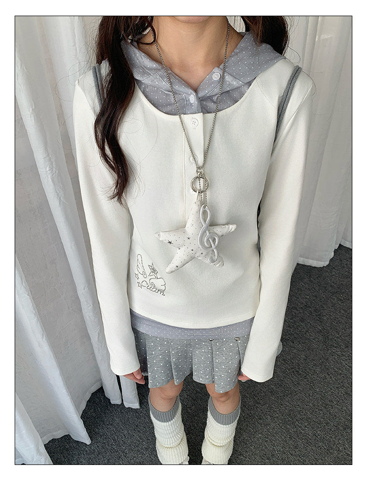 Polka Dot Layered Hooded Long Sleeve Top