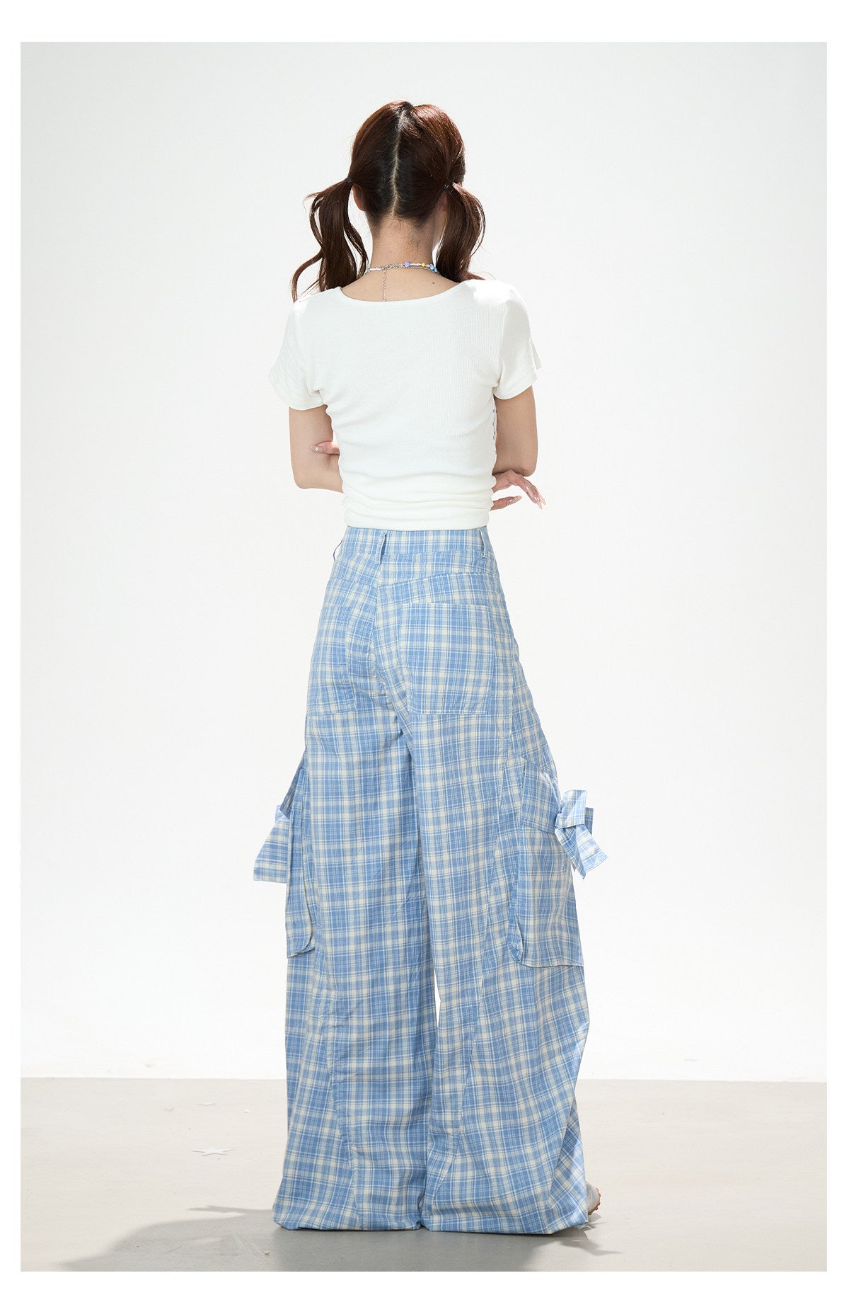 Bow Plaid Cargo Wide Leg Pants