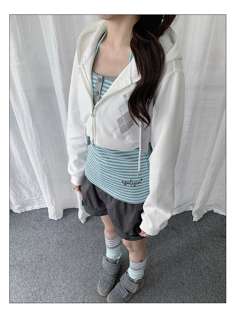 Striped Cami & Cropped Zip Hoodie Two-Piece Set