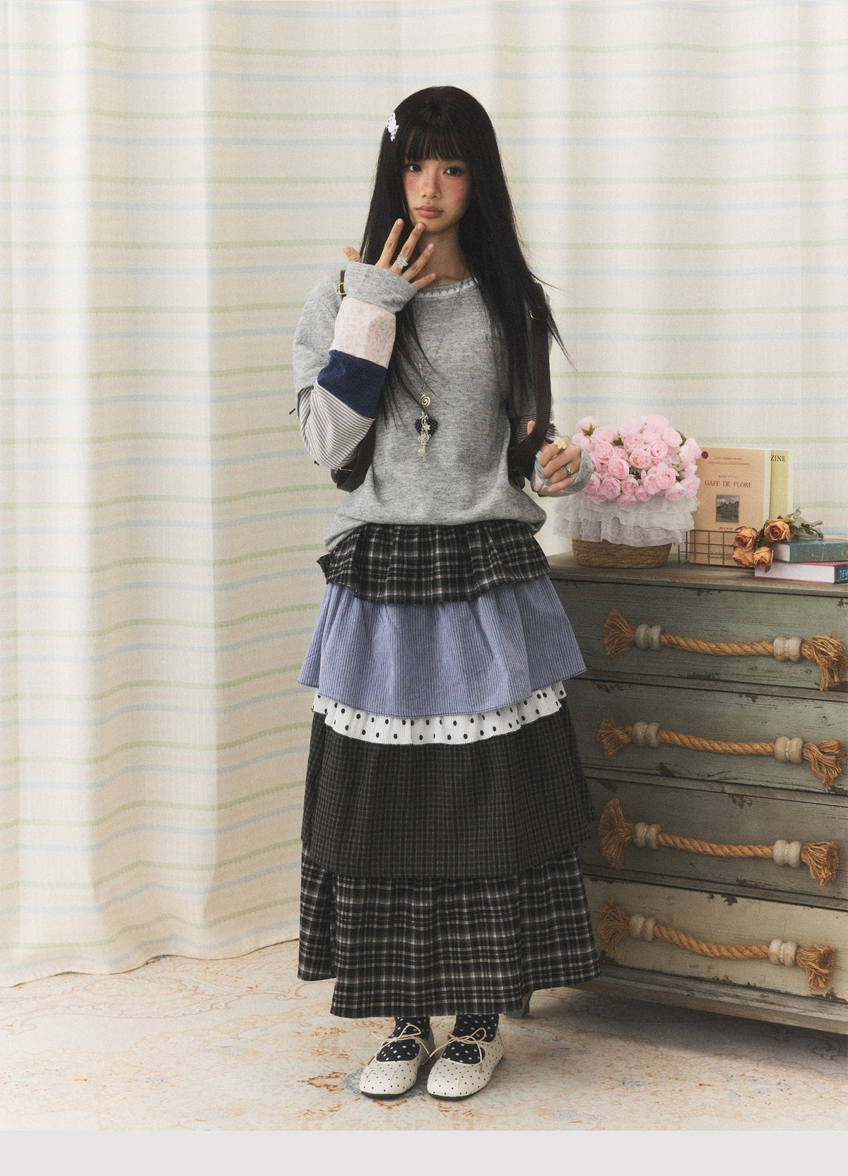 Mixed Plaid Tiered Patchwork Midi Skirt