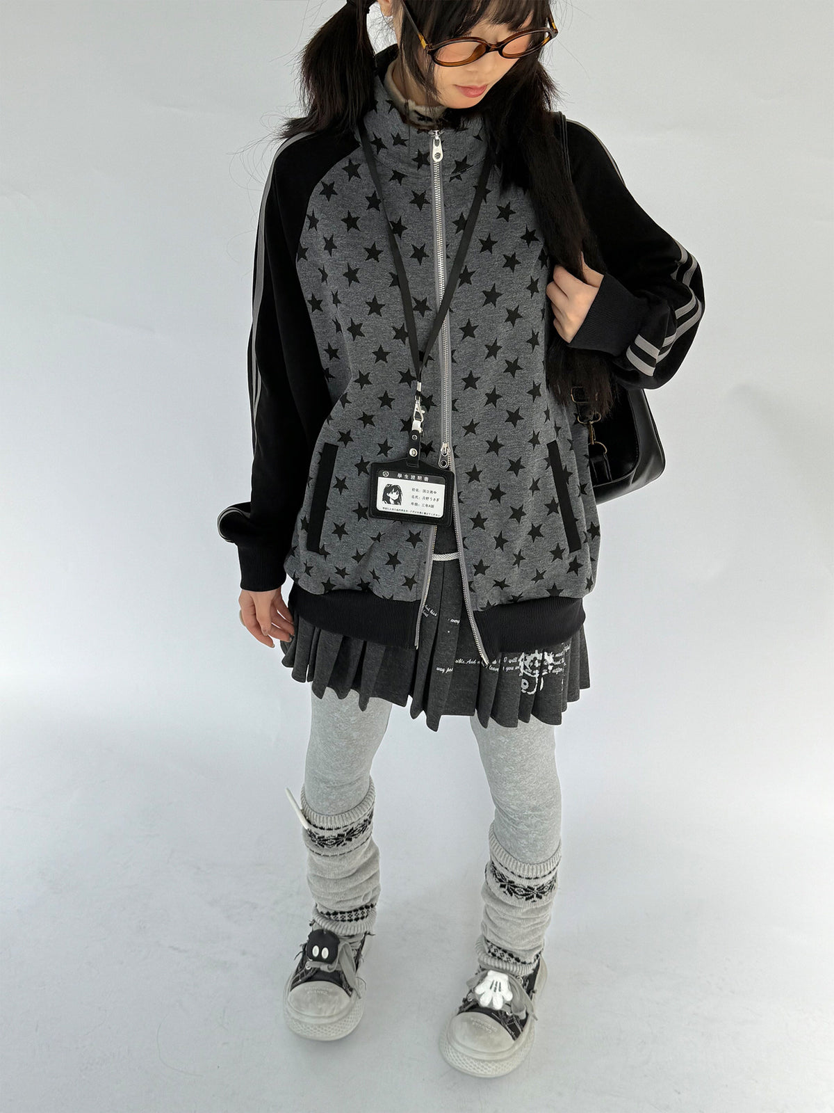 Charcoal Star Double-Zip Mock Neck Jacket