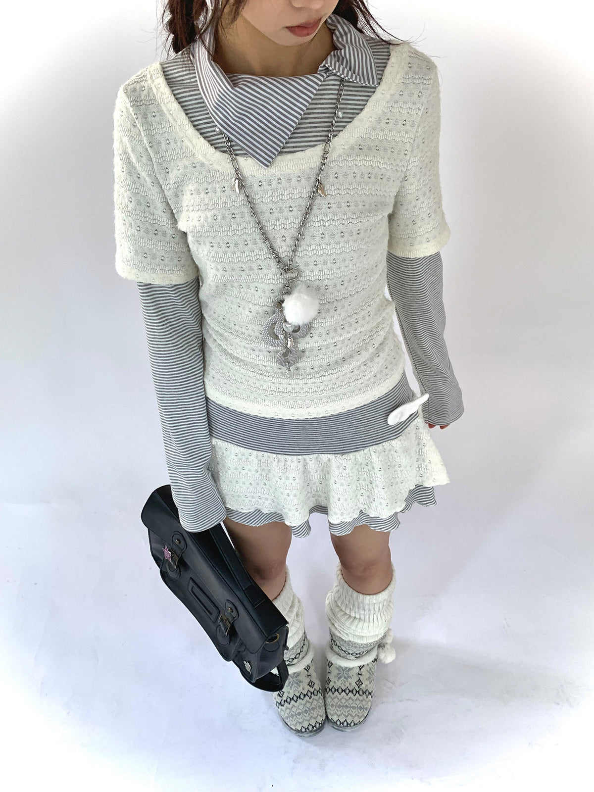 Milk Mist Lace & Stripe Faux-Layer Mini Dress