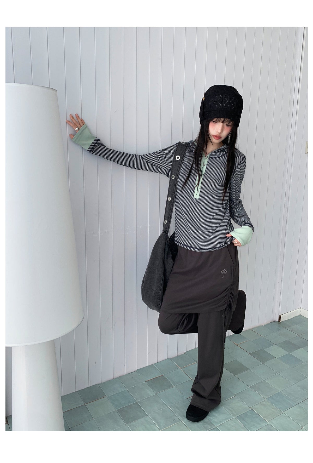 Blue-Gray Stripe Contrast Hooded Long Sleeve Top