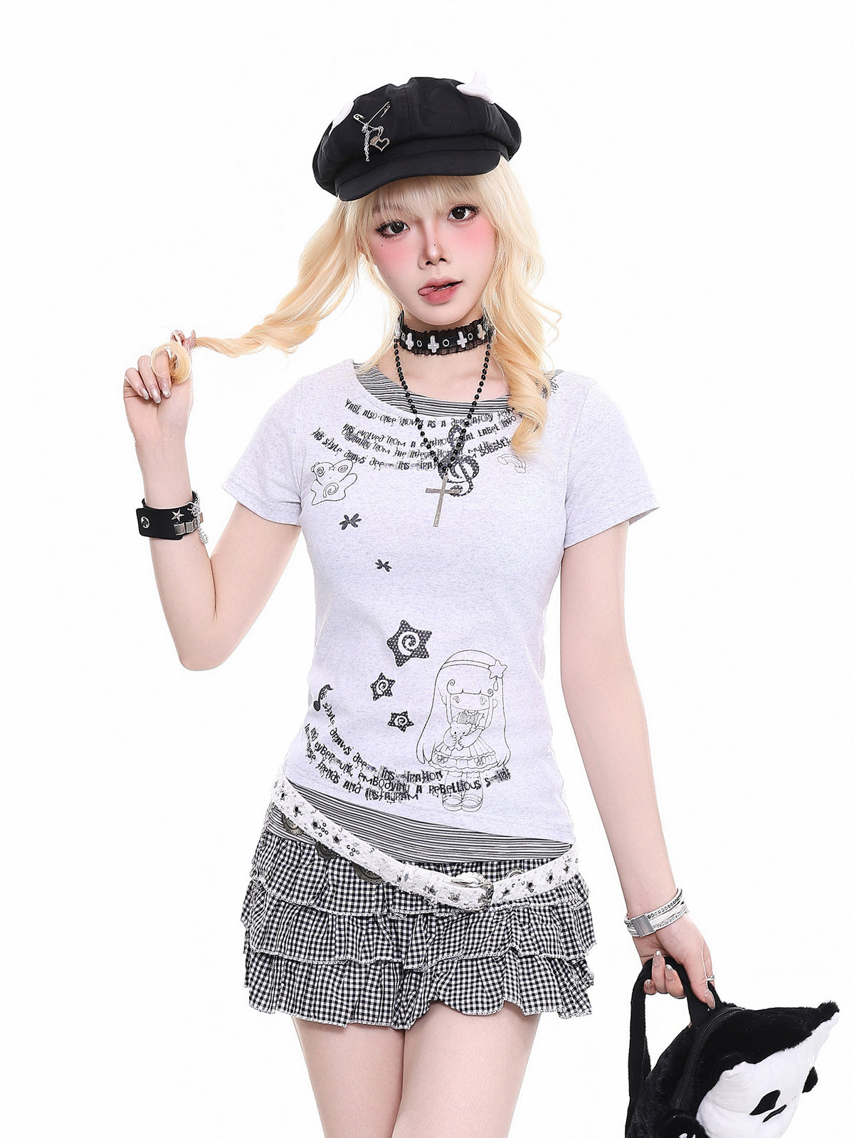 Polka Dot Faux Layered Graphic Tee & Music Lace Gingham Mini Skirt