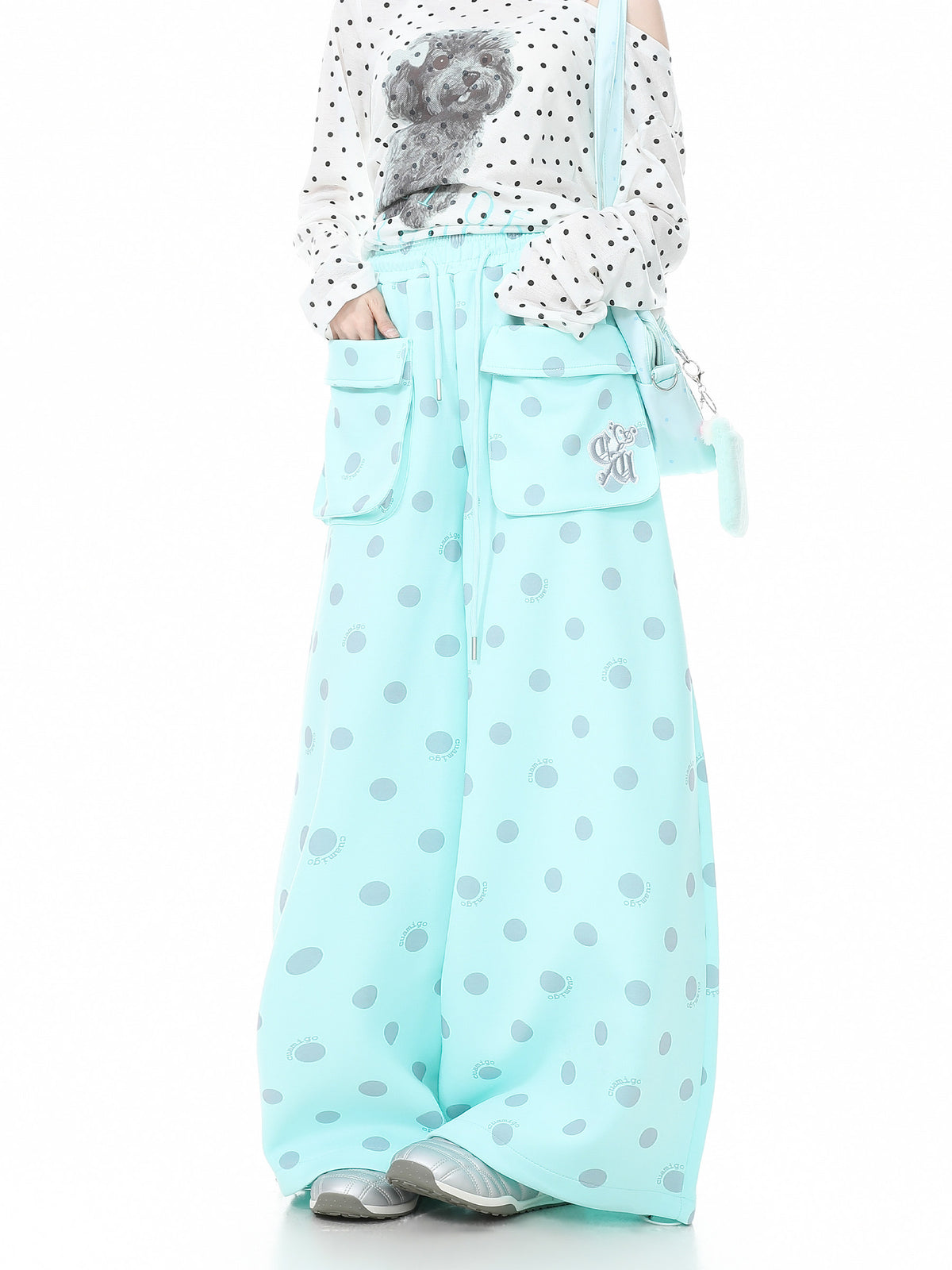 Polka Dot Utility Pocket Wide-Leg Sweatpants