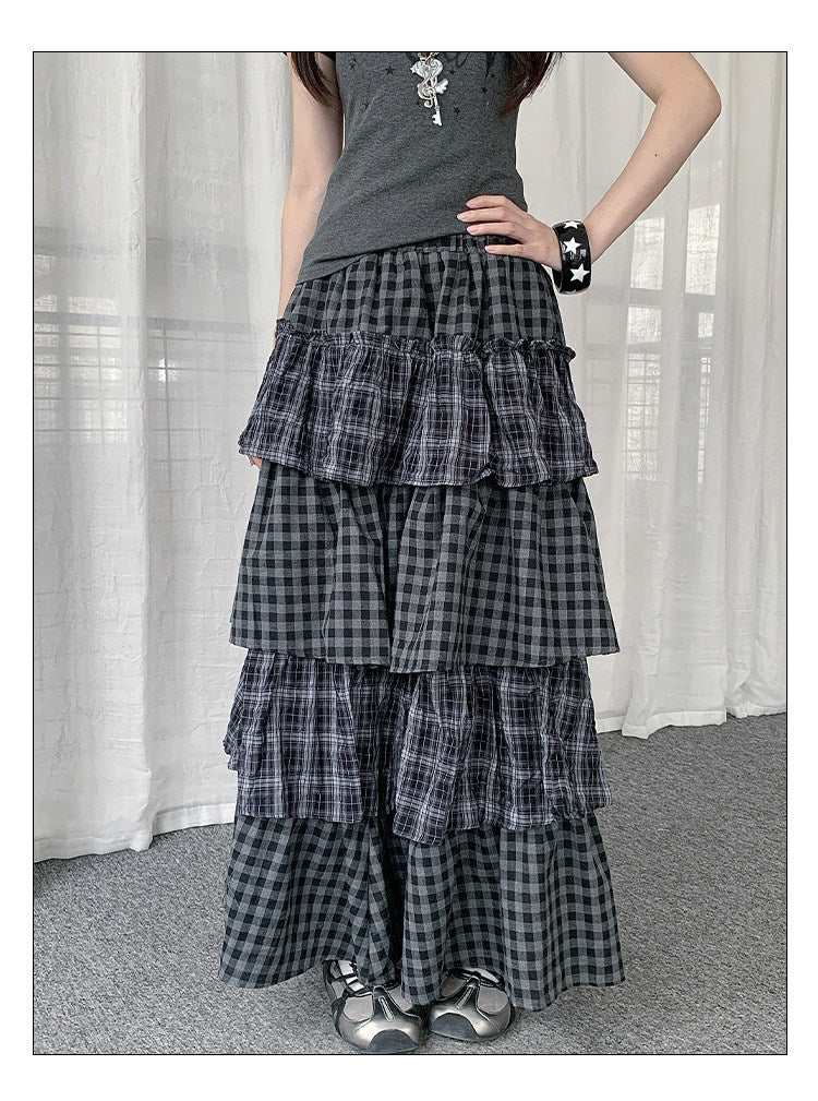 Plaid Patchwork Tiered Maxi Skirt