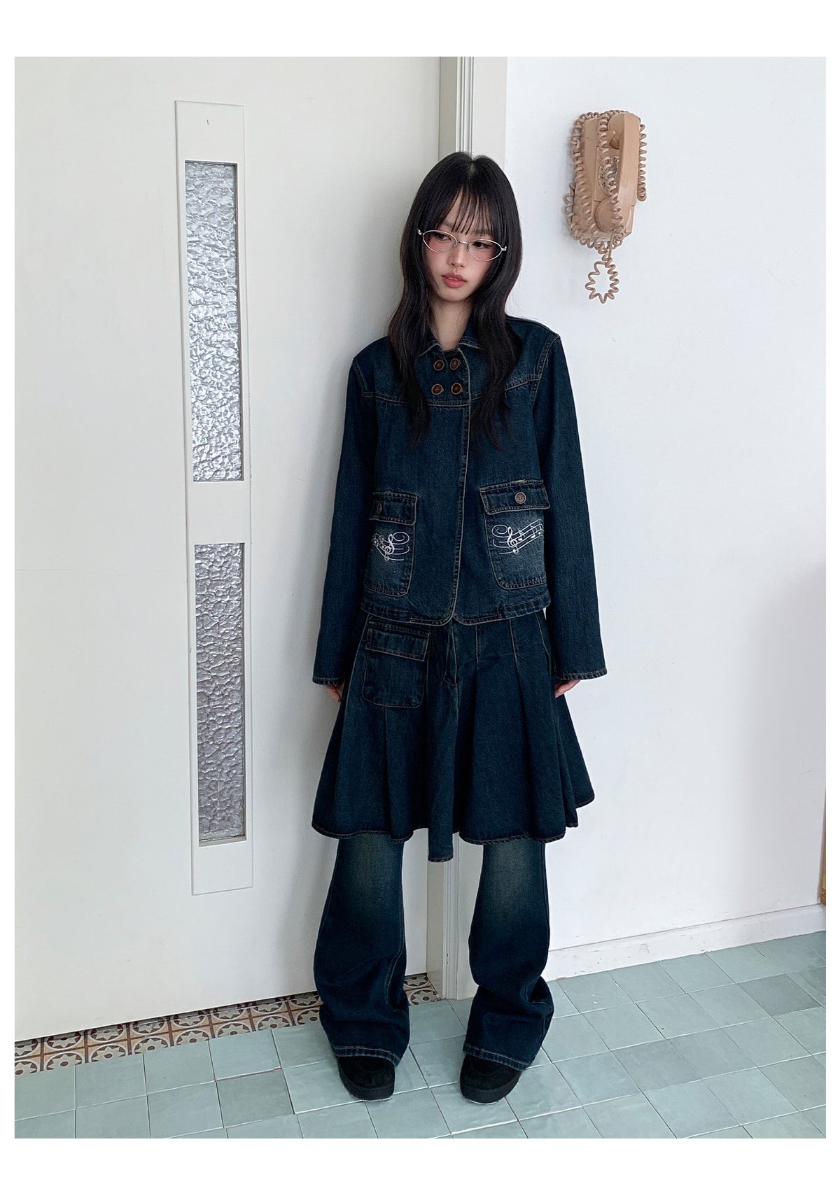Washed Denim Music-Note Embroidered Jacket