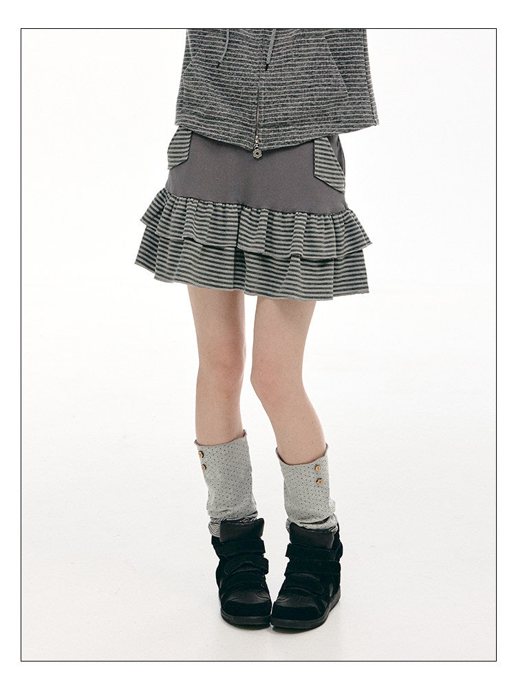 Charcoal Stripe Double-Ruffle A-Line Mini Skirt