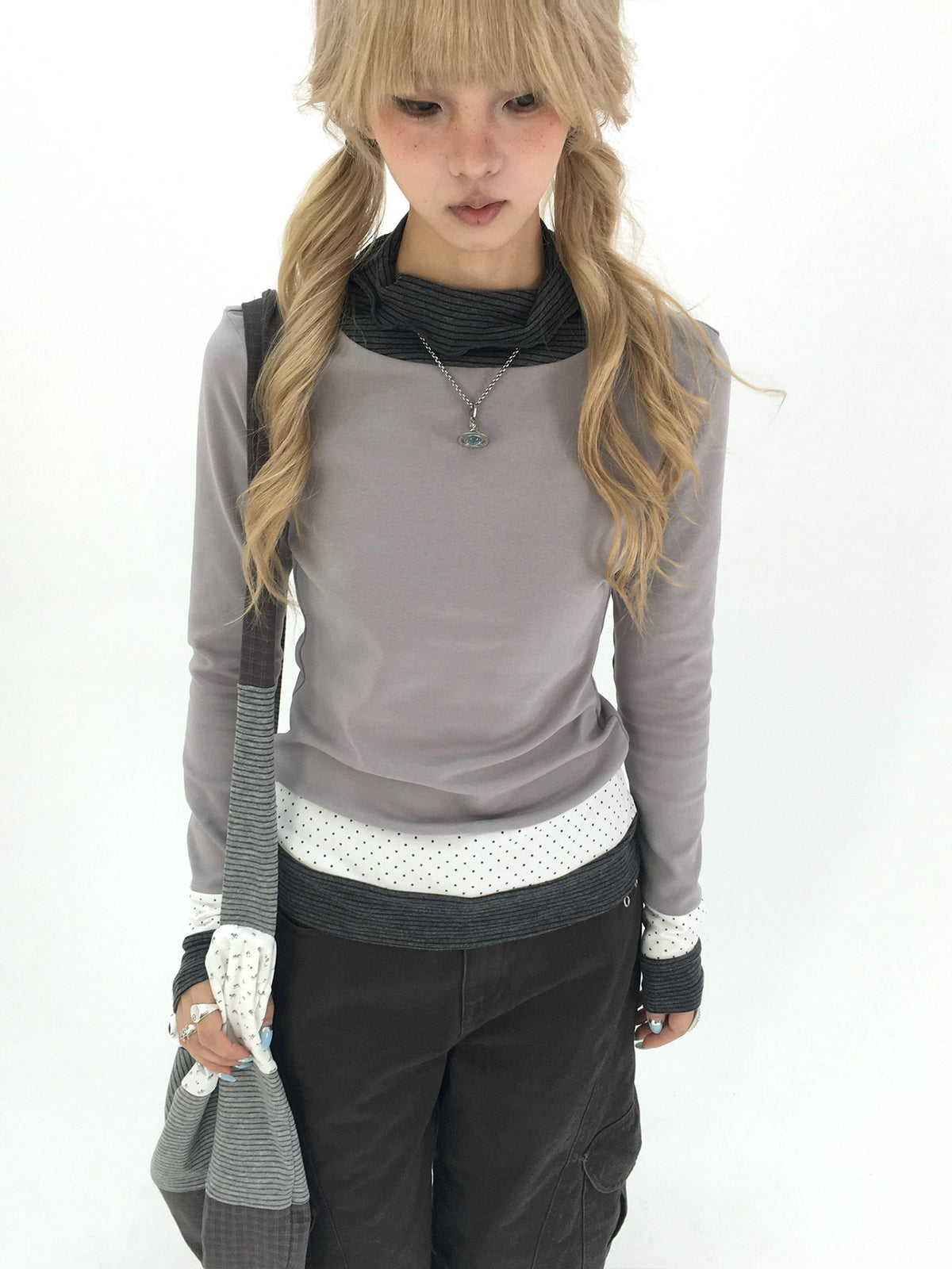 Mist Gray Polka Dot & Stripe Faux-Layer Long Sleeve Top