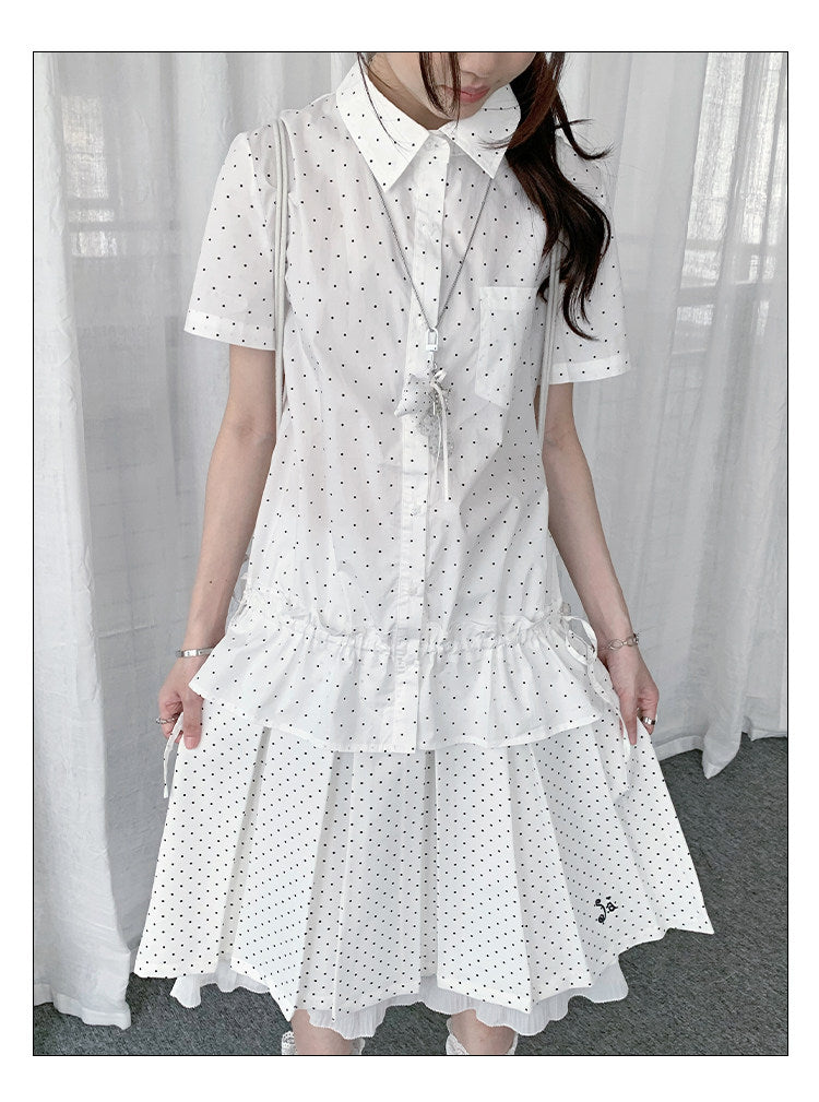 Polka Dot Pleated Ruffle Midi Skirt