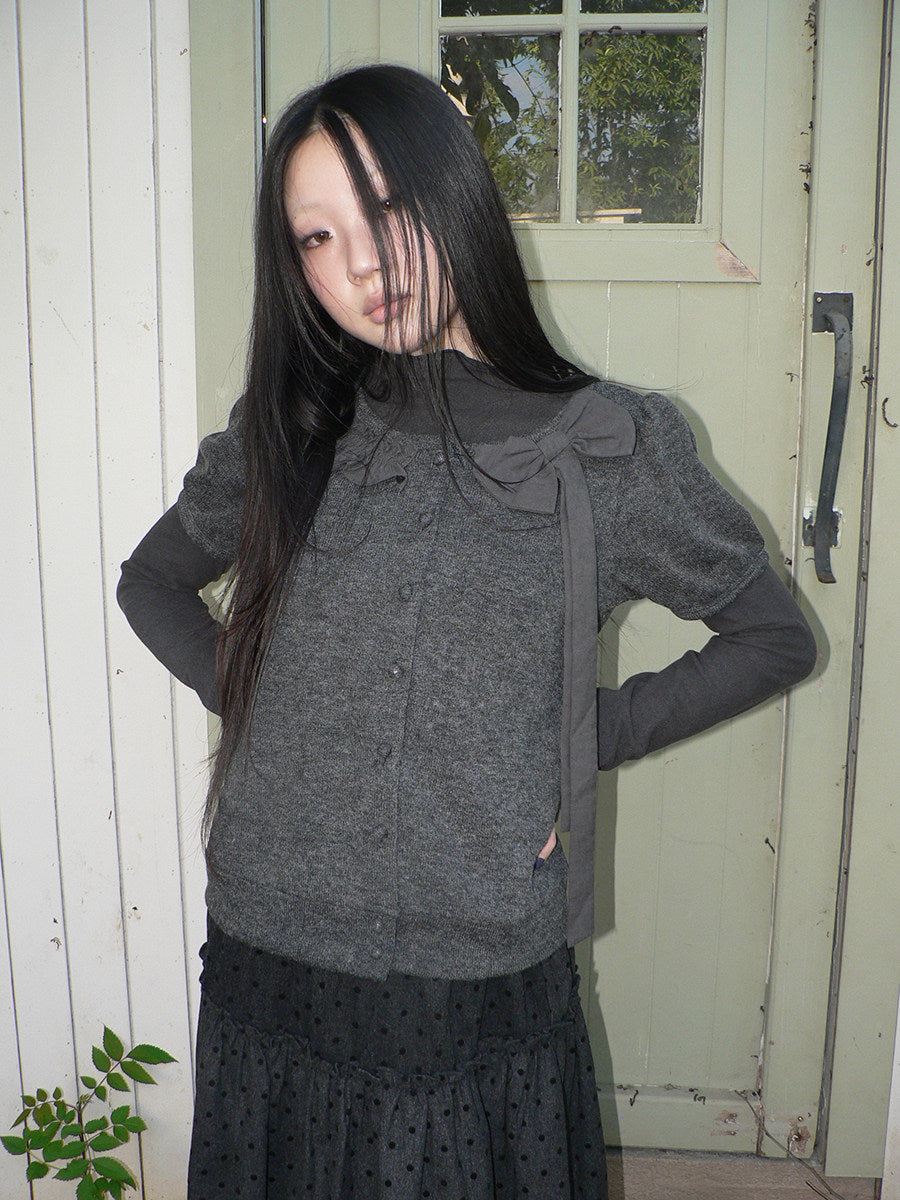 Bow-Detail Knit Cardigan & Long Sleeve Two-Piece Set