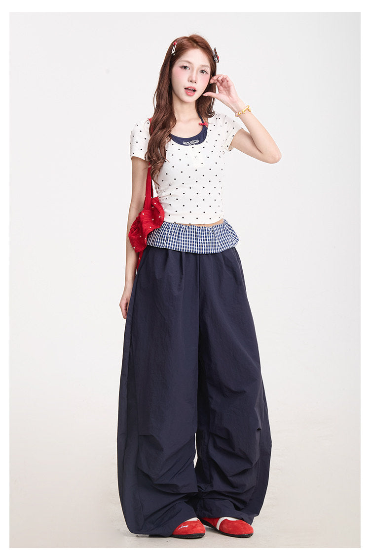 Polka Dot Baby Tee & Navy Wide-Leg Pants