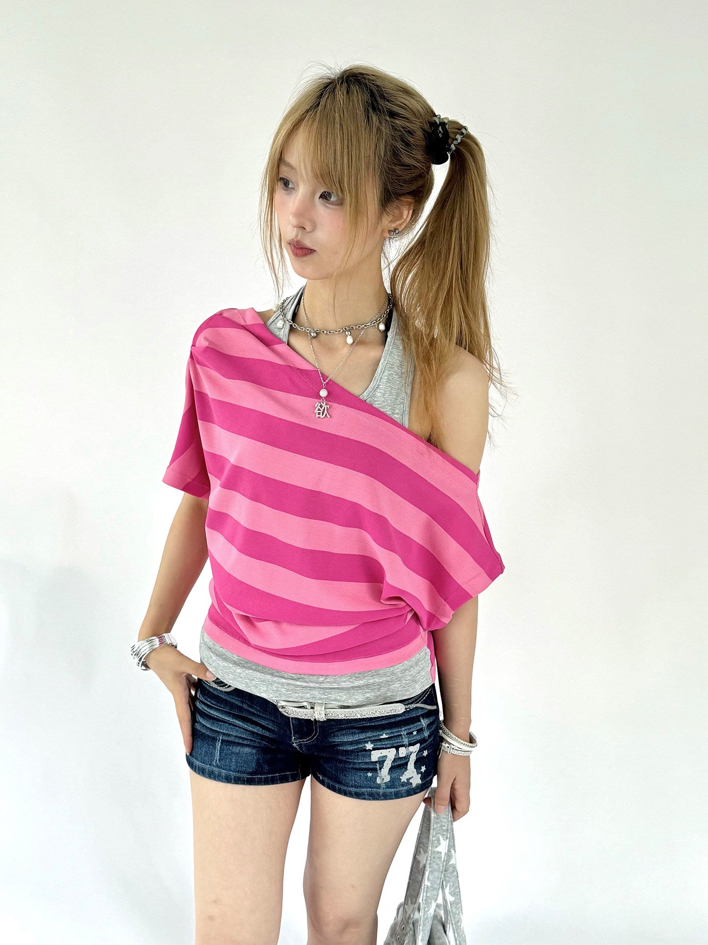 Berry Stripe Off-Shoulder Layered Tee