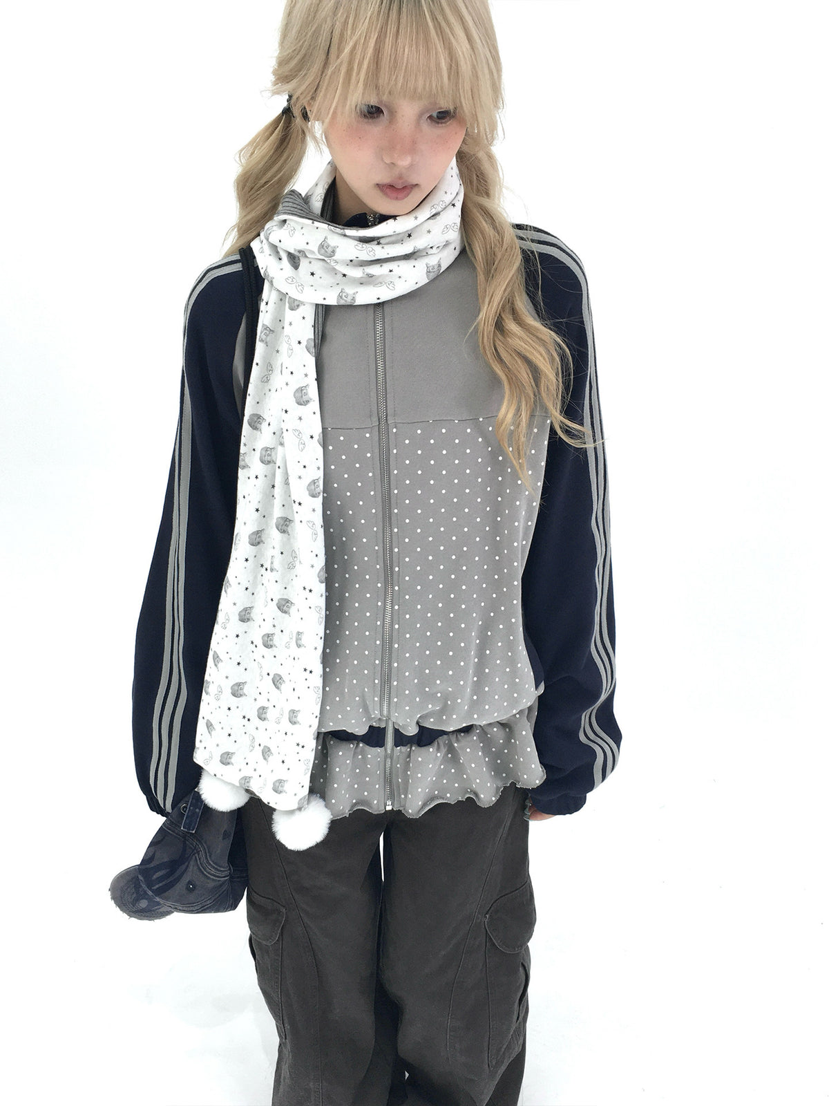 Gray Polka Dot Triple-Stripe Ruffle Zip Jacket