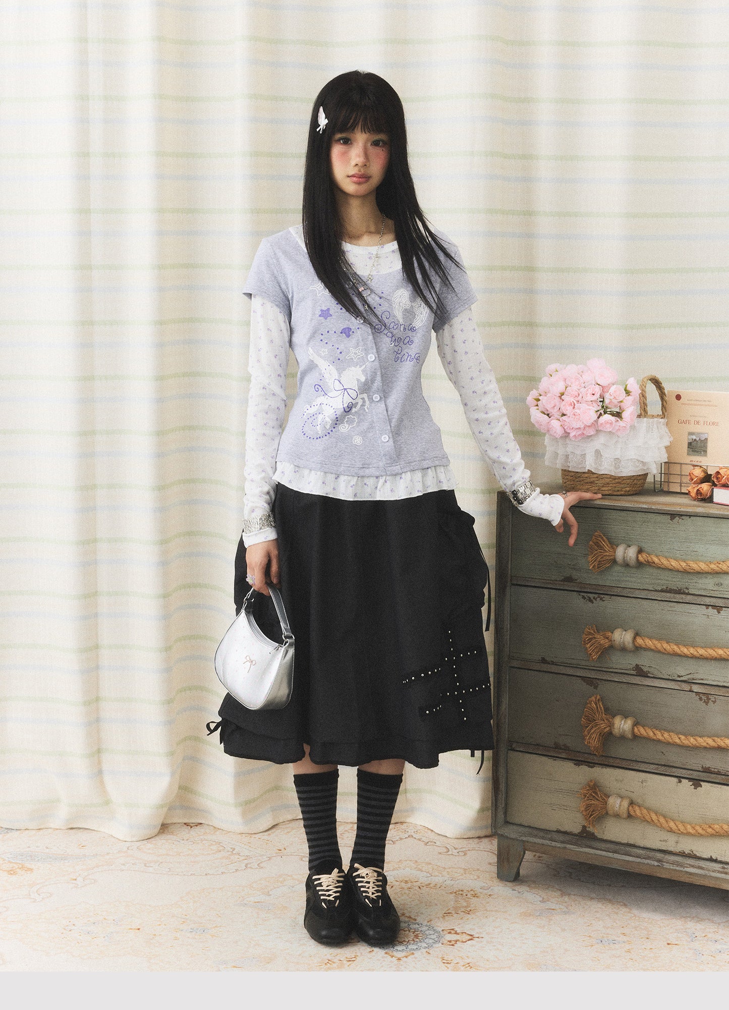 Lavender Wing Floral Faux-Layer Long-Sleeve Tee