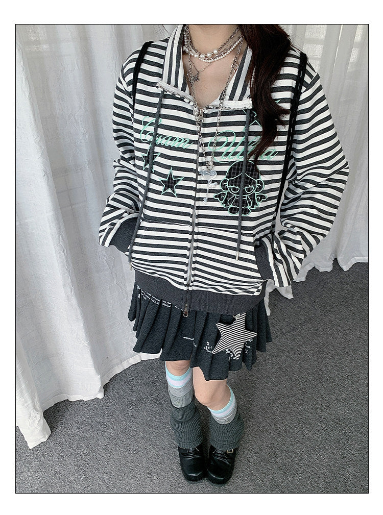 Star Charm Striped Embroidered Zip-Up Jacket