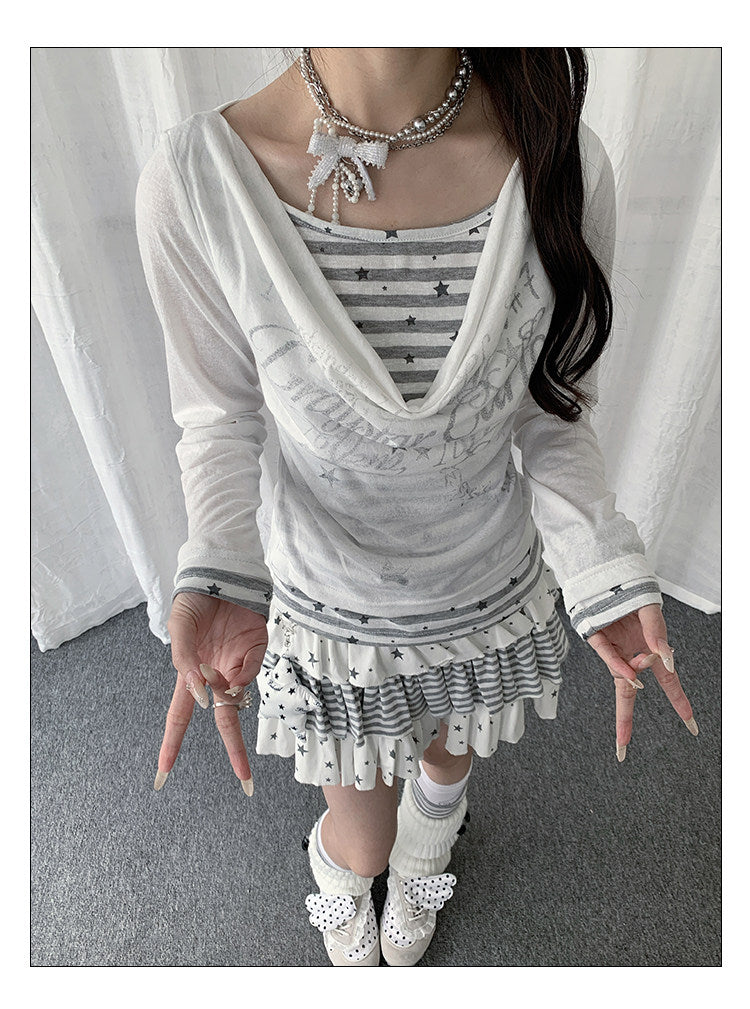 【rejio】Drape-Neck Fake-Layered Startop (Weiß / Schwarz)