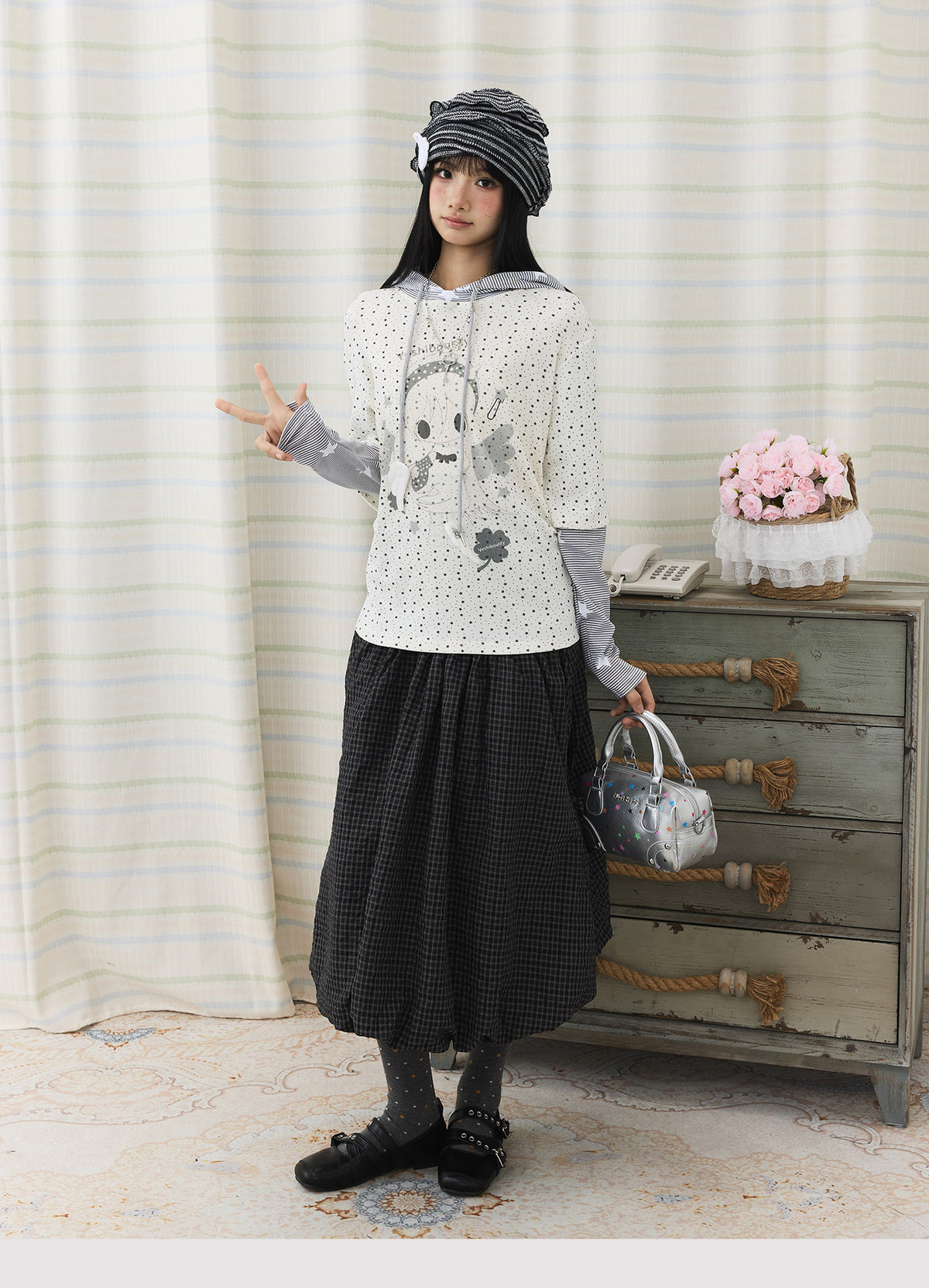 Cartoon Star Print Faux-Layer Hooded Top