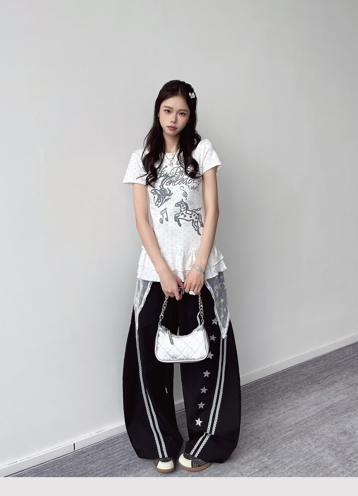 Star Lace Overlay Wide-Leg Parachute Pants
