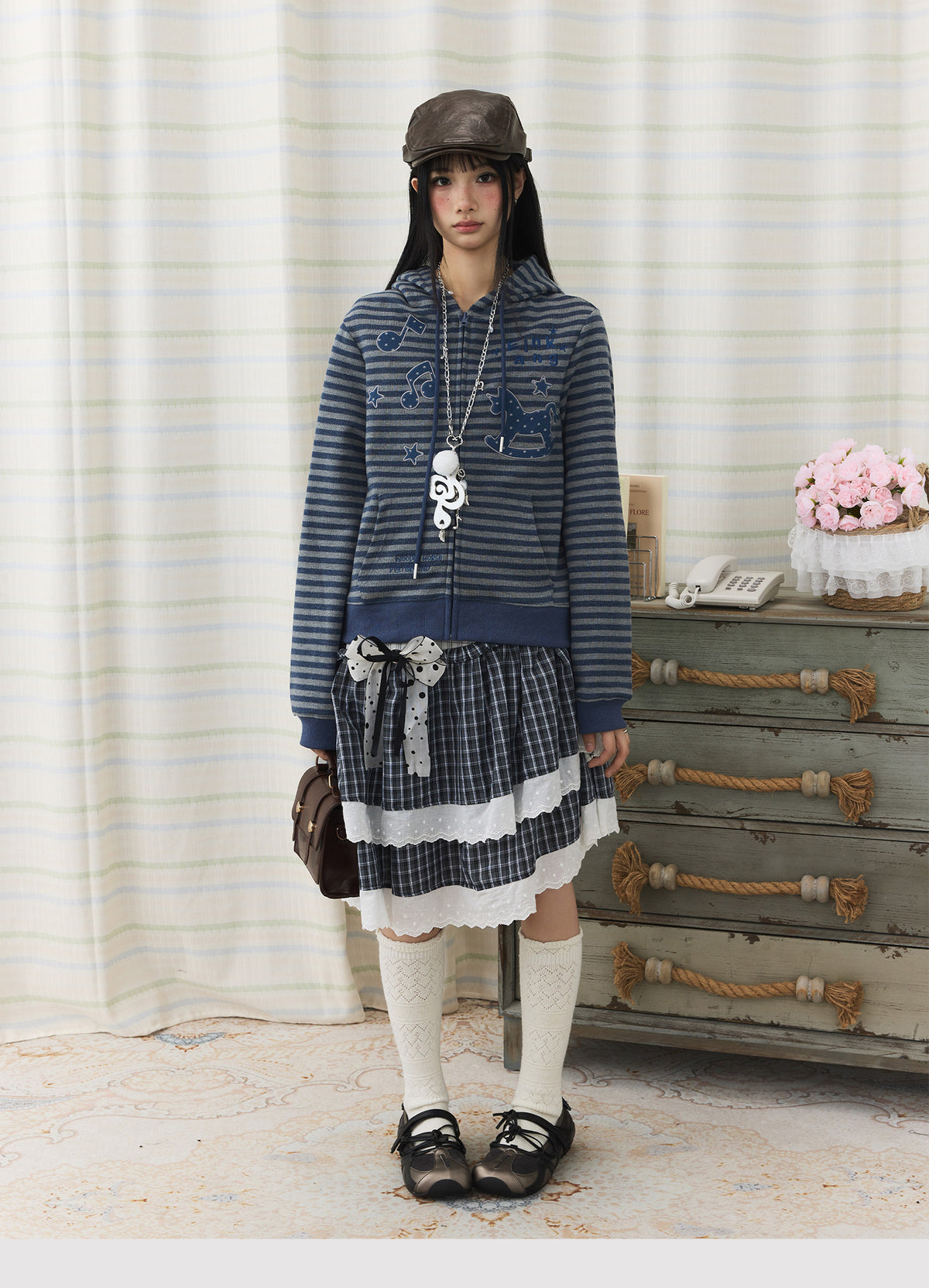 Striped Rocking Horse Embroidered Zip-Up Hoodie