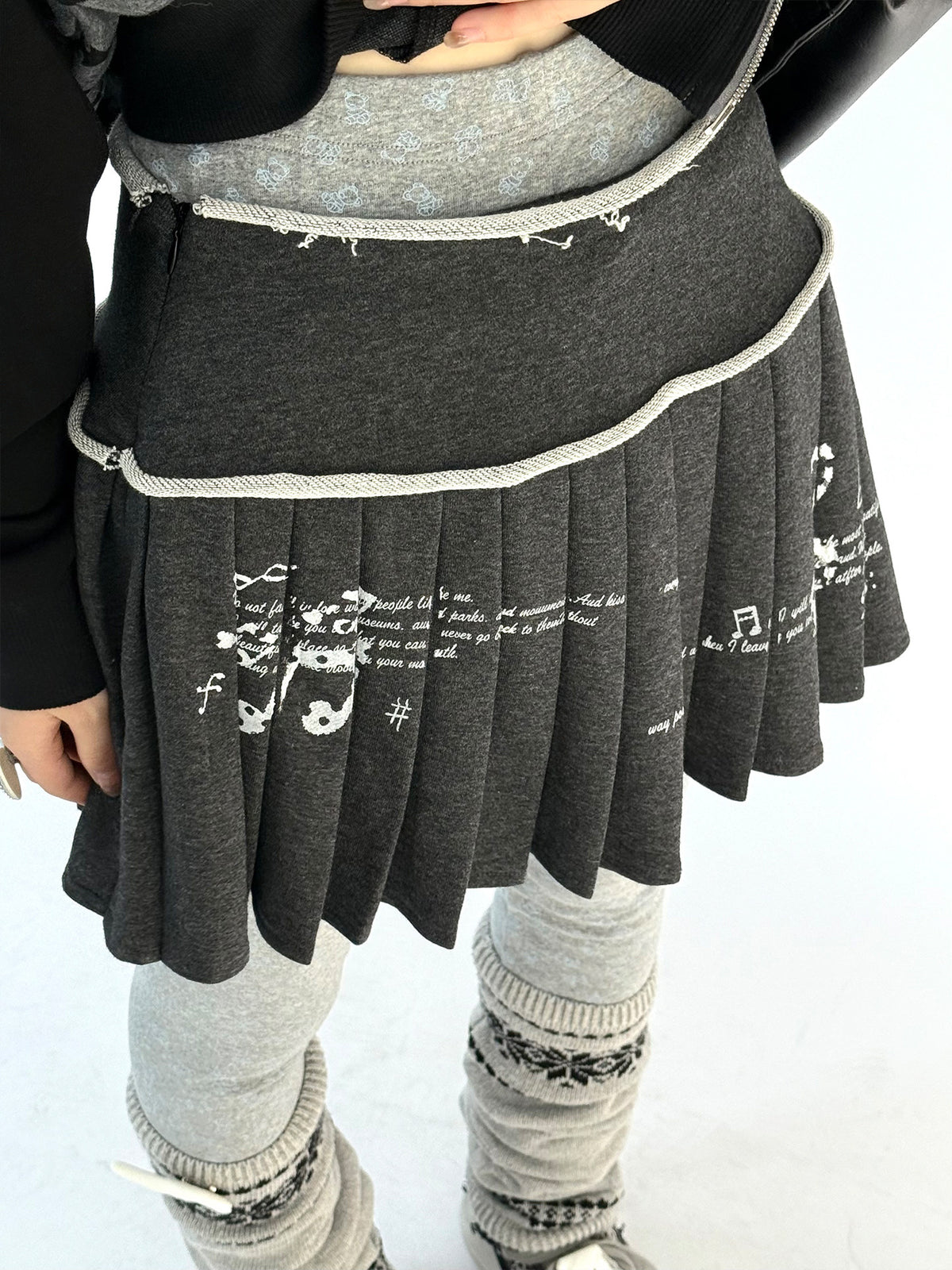Music Note Rolled-Waist Pleated Mini Skirt