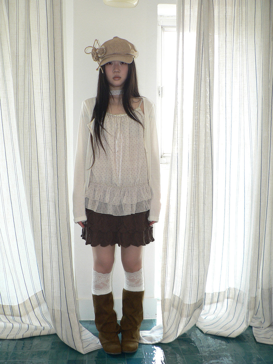 Polka Dot Ruffle Camisole & Cardigan Set with Scarf