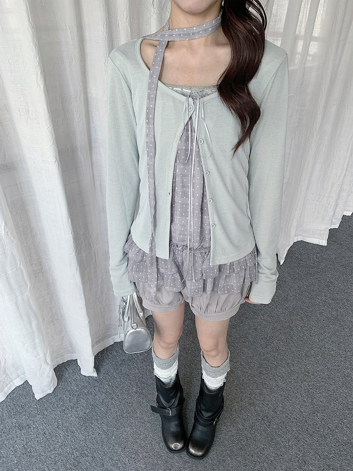 Polka Dot Lace Trim Cami & Cardigan Set