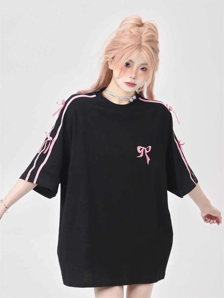 Ribbon Embroidery Side-Stripe Tee — Oversized
