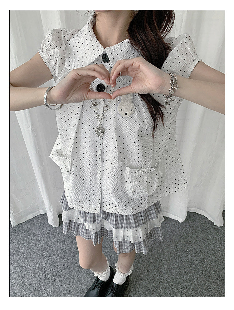 Polka Dot Bunny Patch Puff-Sleeve Shirt