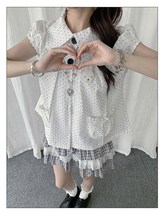 Polka Dot Bunny Patch Puff-Sleeve Shirt