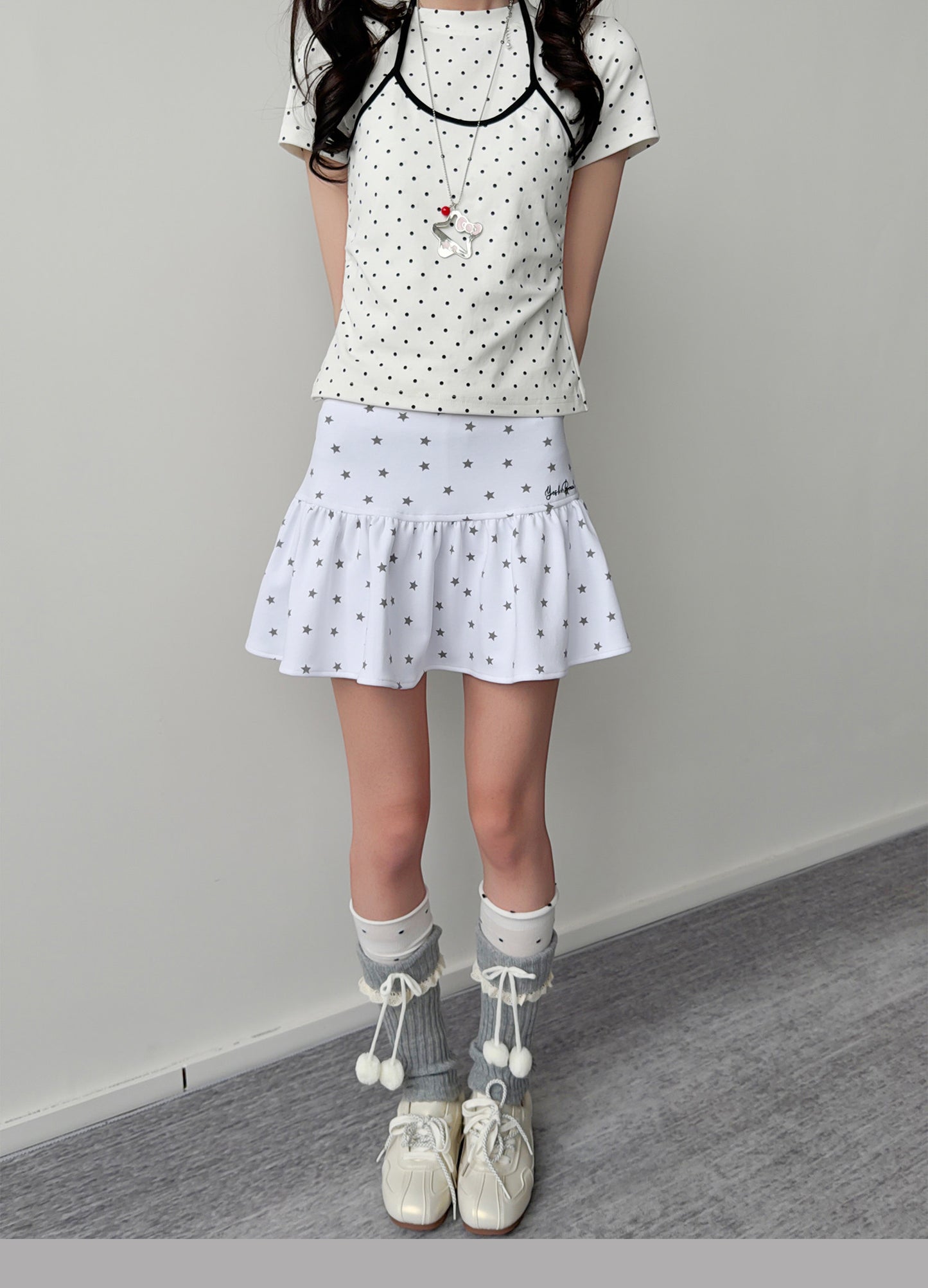 Polka Dot Faux-Layer Halter Fitted Tee