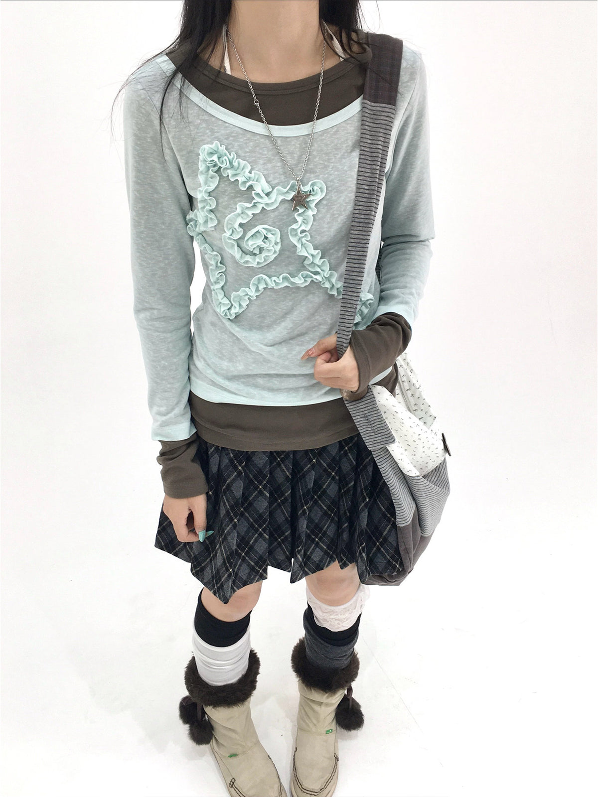 Mist Aqua Ruffle Star Faux-Layer Long Sleeve Top