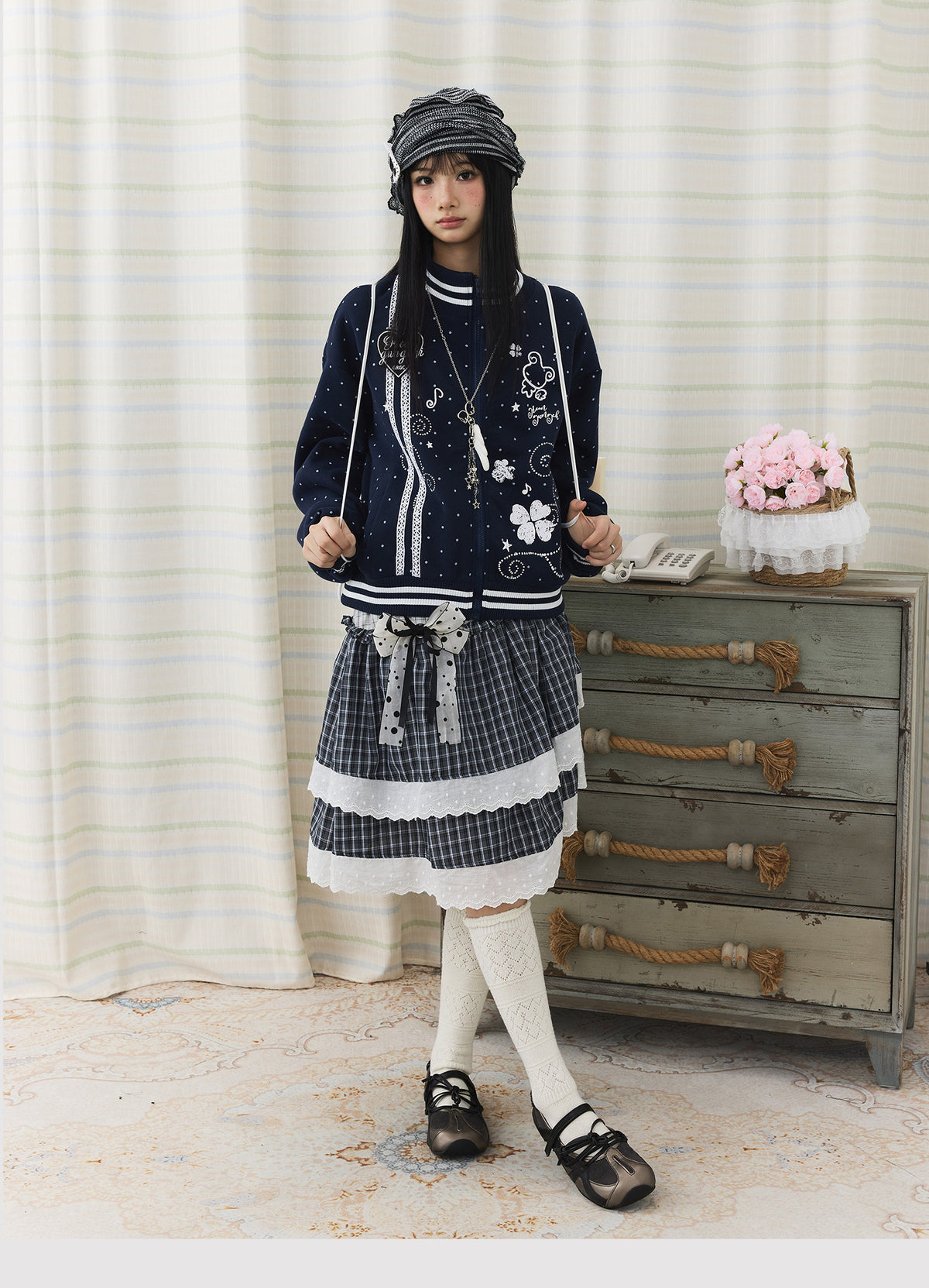 Asymmetric Plaid Lace Tiered Midi Skirt