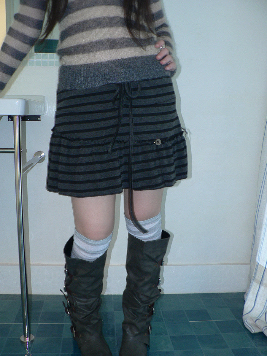Striped Pleated Tie-Waist Mini Skirt