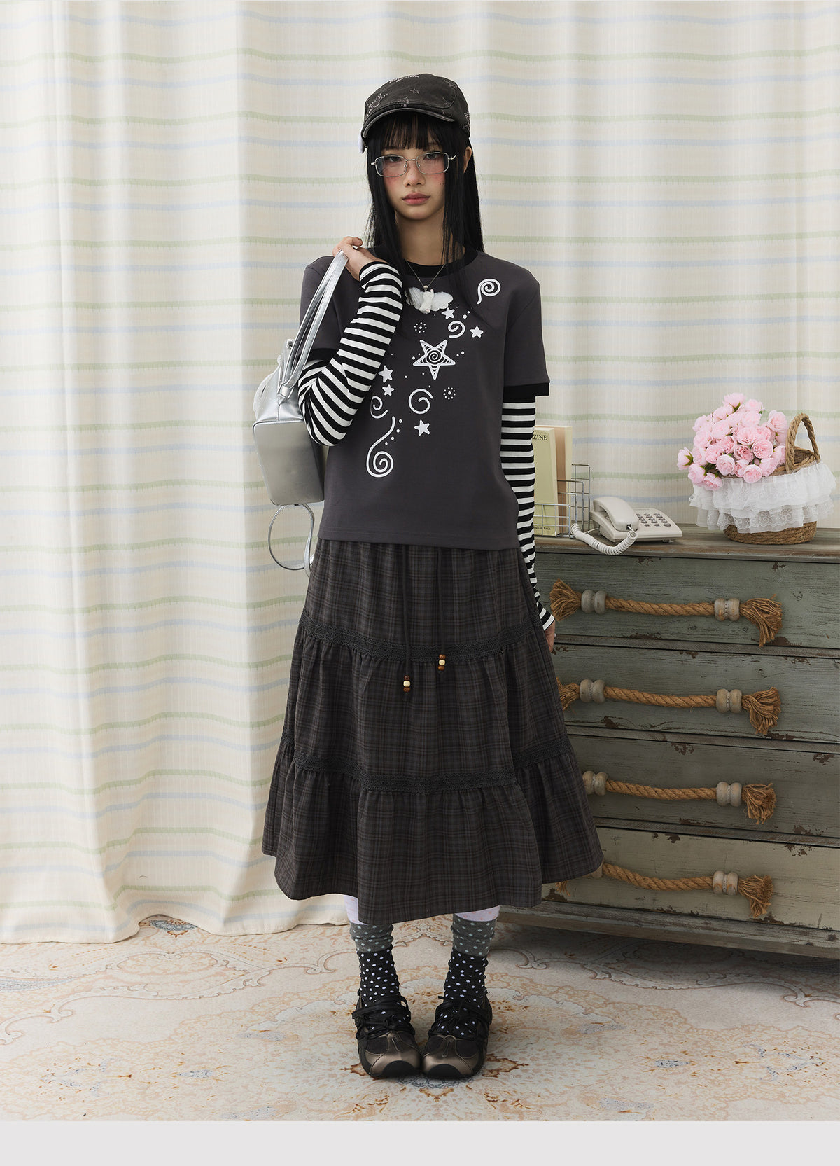 Plaid Tiered Lace Trim Midi Skirt