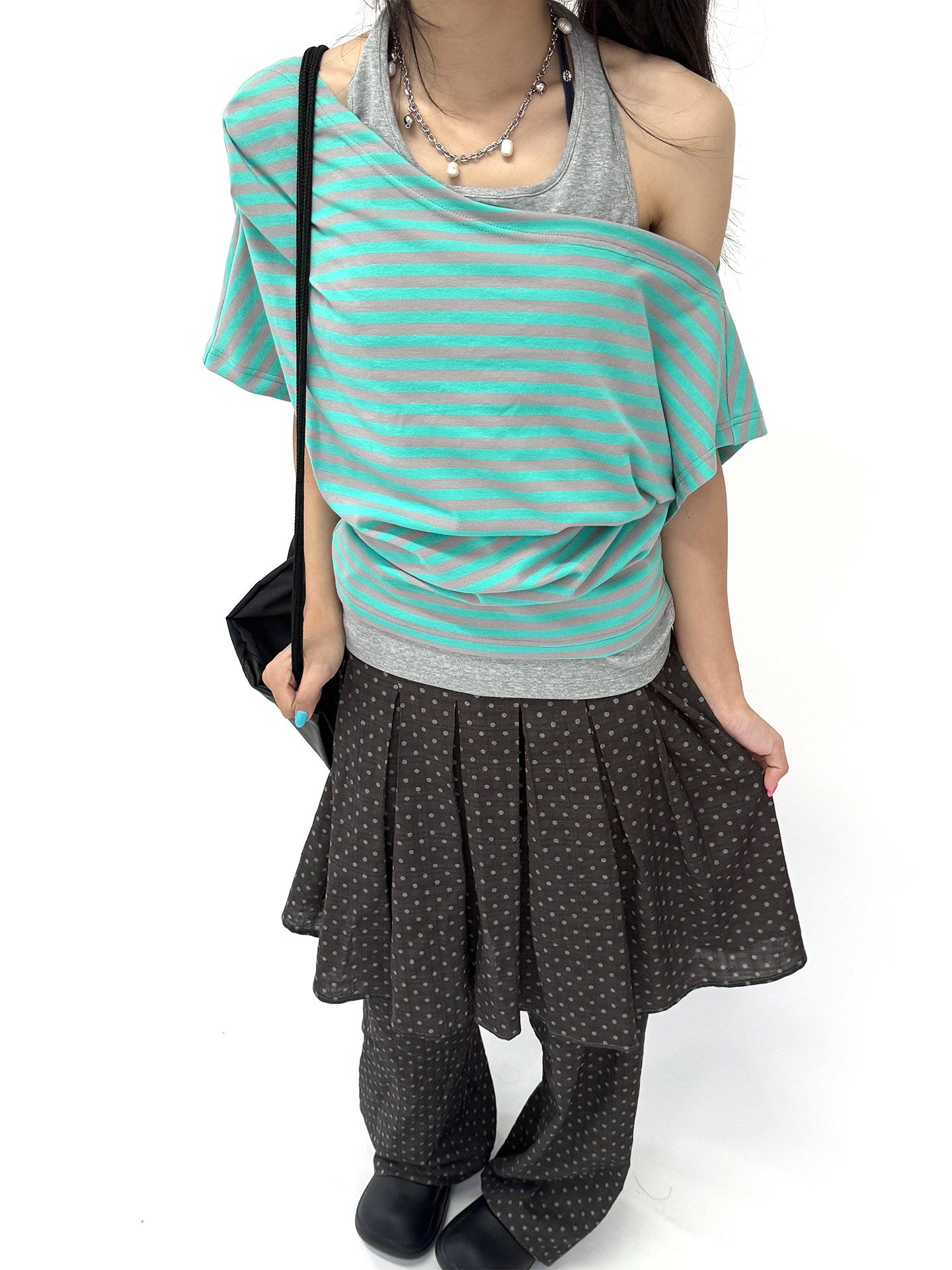 Mint Stripe Off-Shoulder Layered Halter Tee