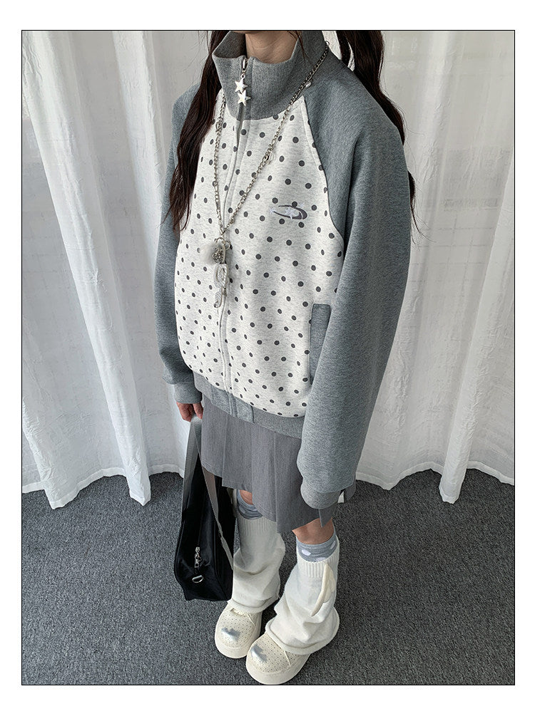 Contrast Polka Dot Zip-Up Jacket