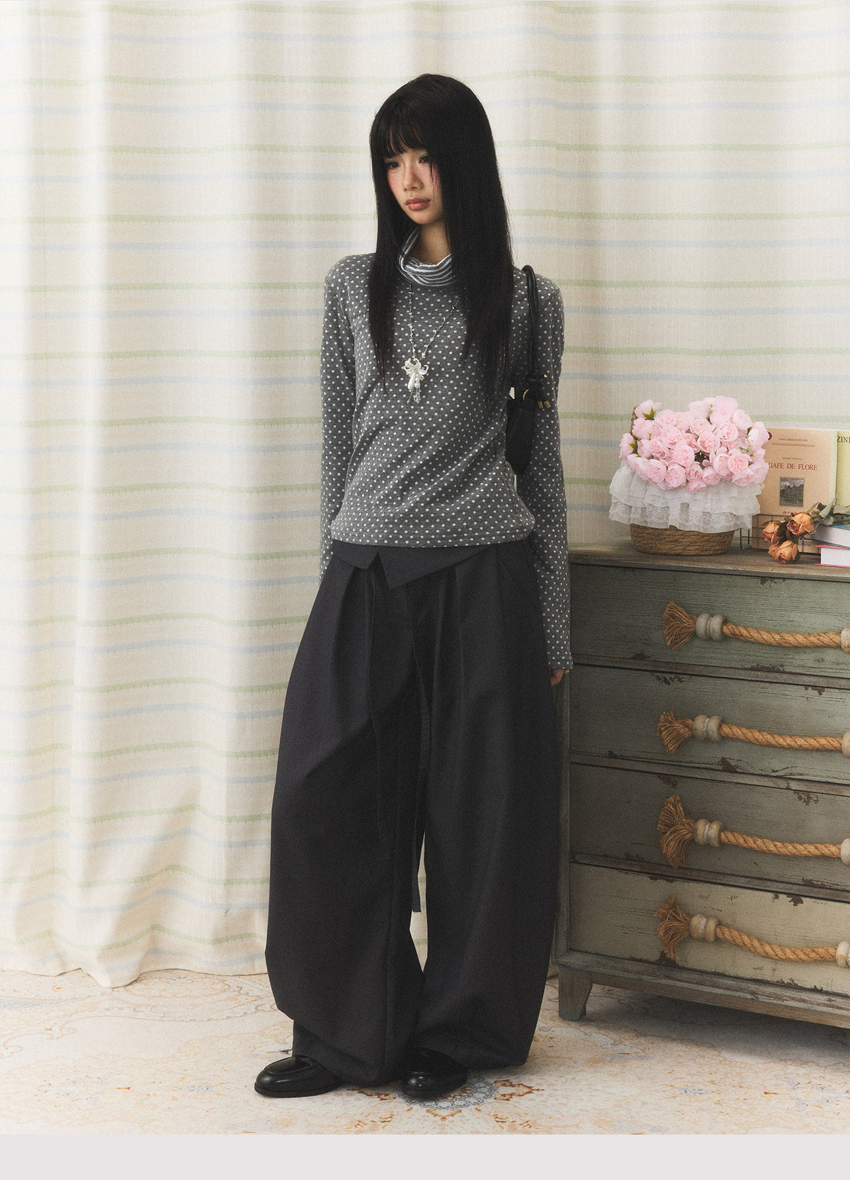 Polka Dot Contrast Turtleneck Long Sleeve Top