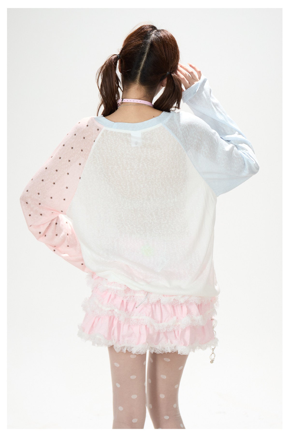 Cartoon Star Sheer Long Sleeve Top & Black Music Lace Gingham Mini Skirt